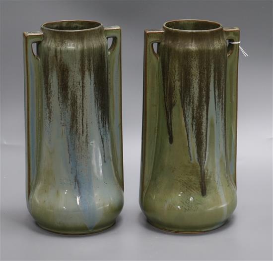 A pair of Renee Denert for Dentac, 1920s green glazed vases 30cm high